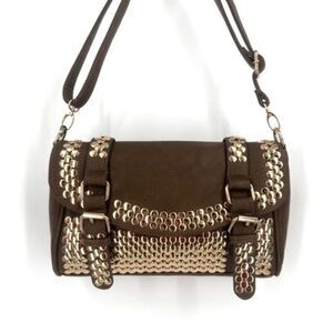 NWT MMS Design Studio Brown & Gold Studded vegan leather Crossbody shoulder Bag